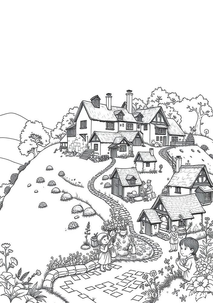 Desenho de Pequena Vila em uma Colina para colorir