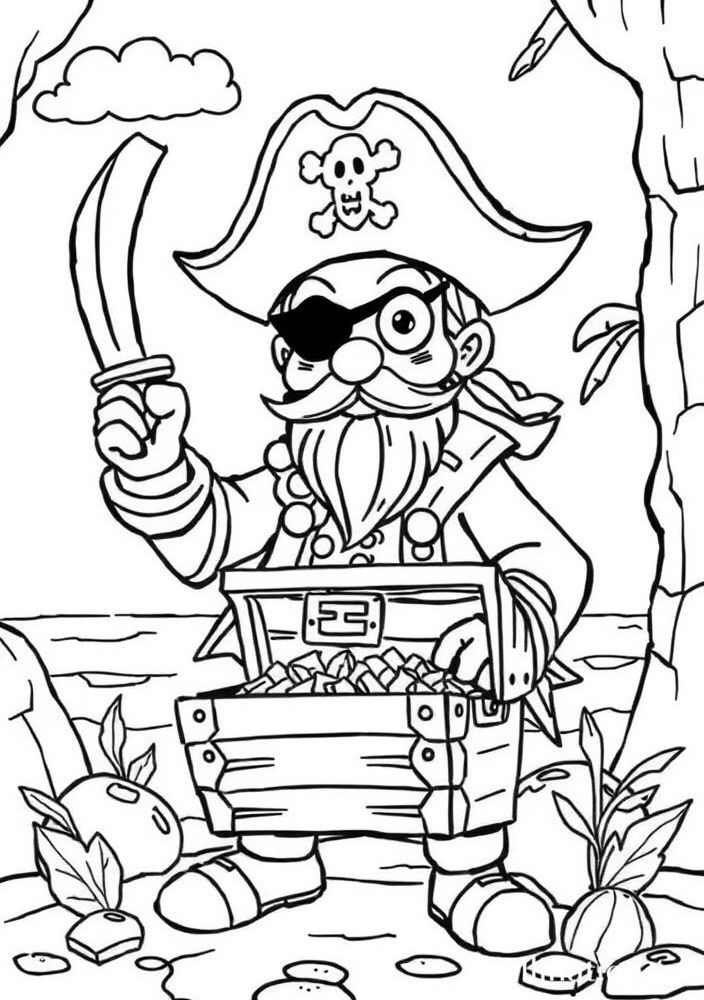 Desenho de Pirata com Tesouro para colorir