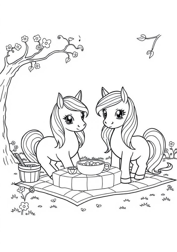 Desenho de Pôneis em um picnic para colorir
