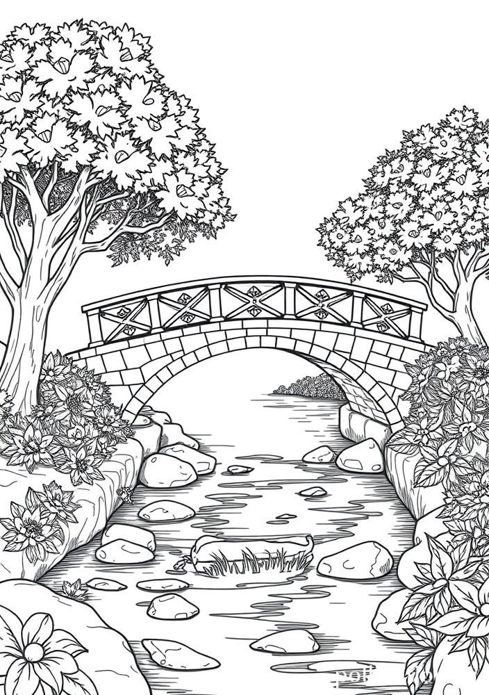 Desenho de Ponte sobre um Riacho para Colorir