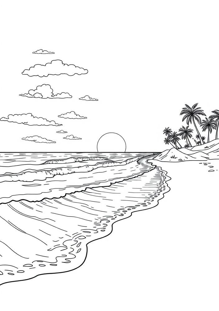 Desenho de Praia com Palavras e Por do Sol para Colorir