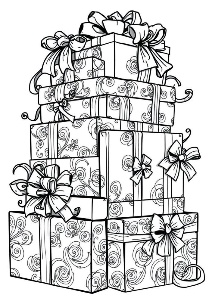 Desenho de Presentes de Natal Empilhados para Colorir