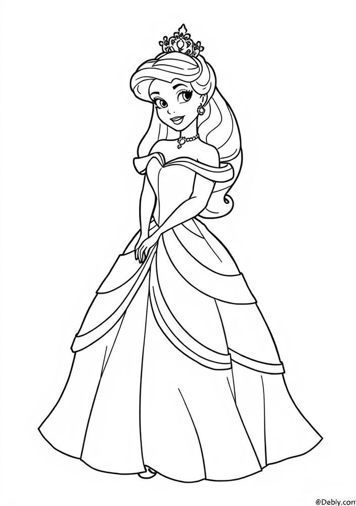 Desenho de Princesa Disney com vestido de festa para colorir