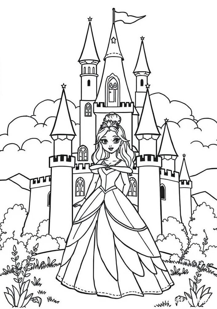 Desenho de Princesa com Castelo para colorir