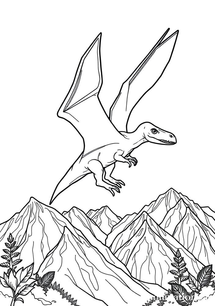 Desenho de Pterodáctilo voando sobre montanhas para colorir