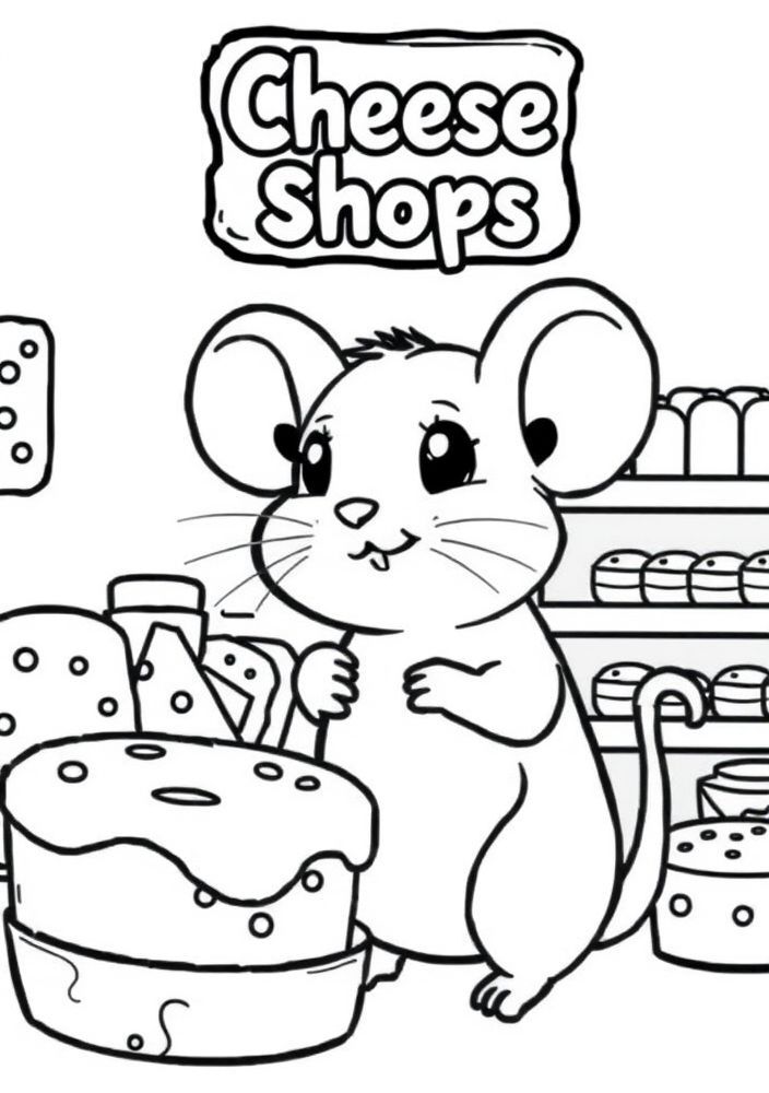 Desenho de Rato Kawaii em uma Queijaria para colorir
