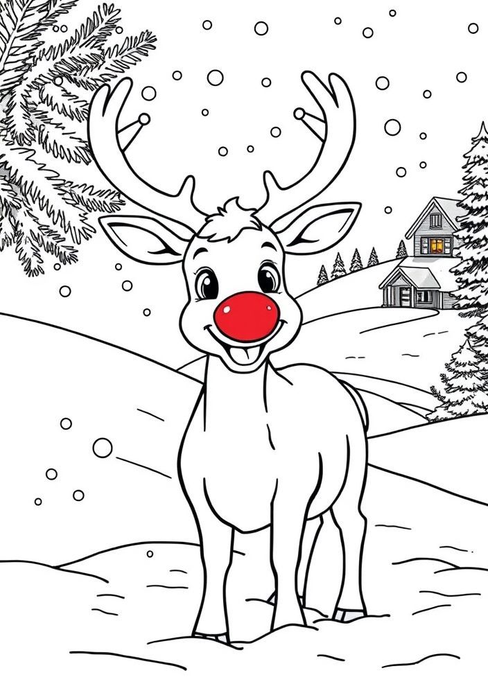 Desenho de Rena de Natal com Nariz Vermelho para Colorir