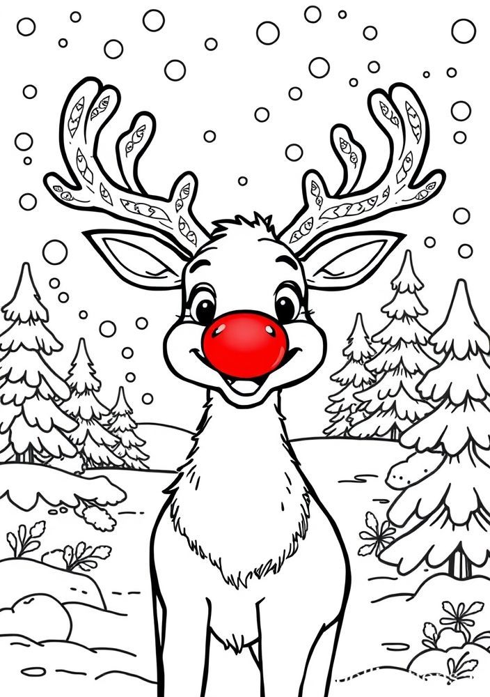 Desenho de Rena de Natal com Nariz Vermelho para Colorir