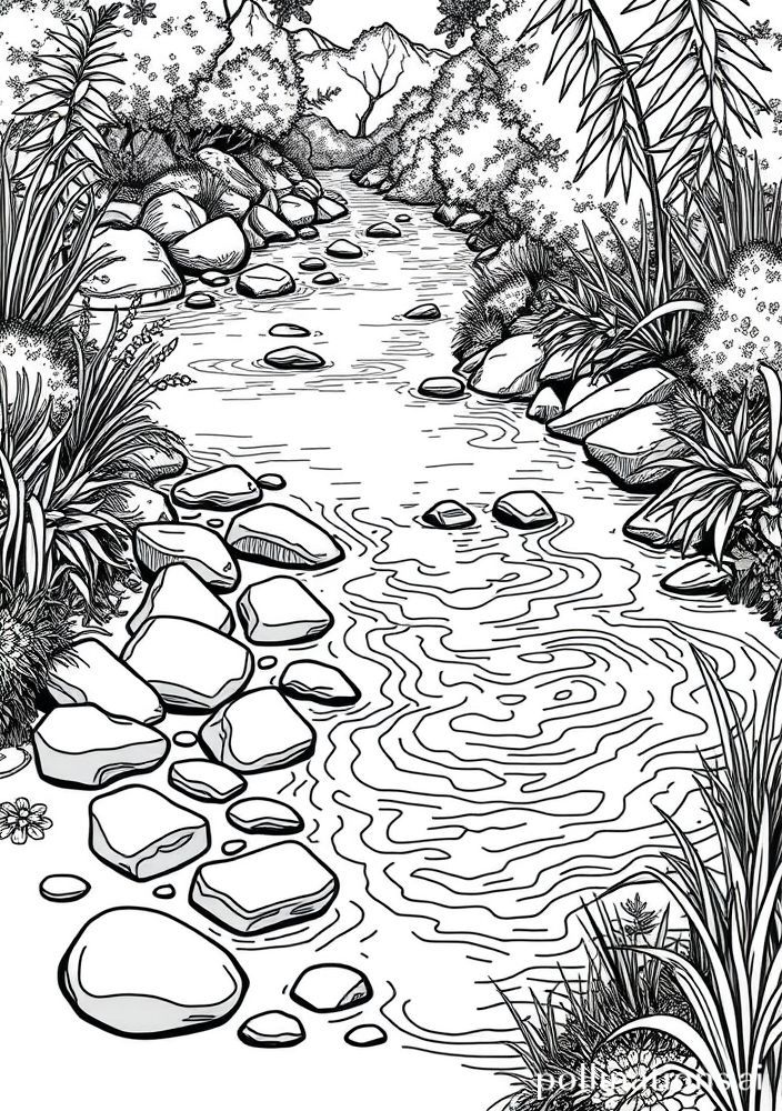 Desenho de Riacho com Pedras para Colorir