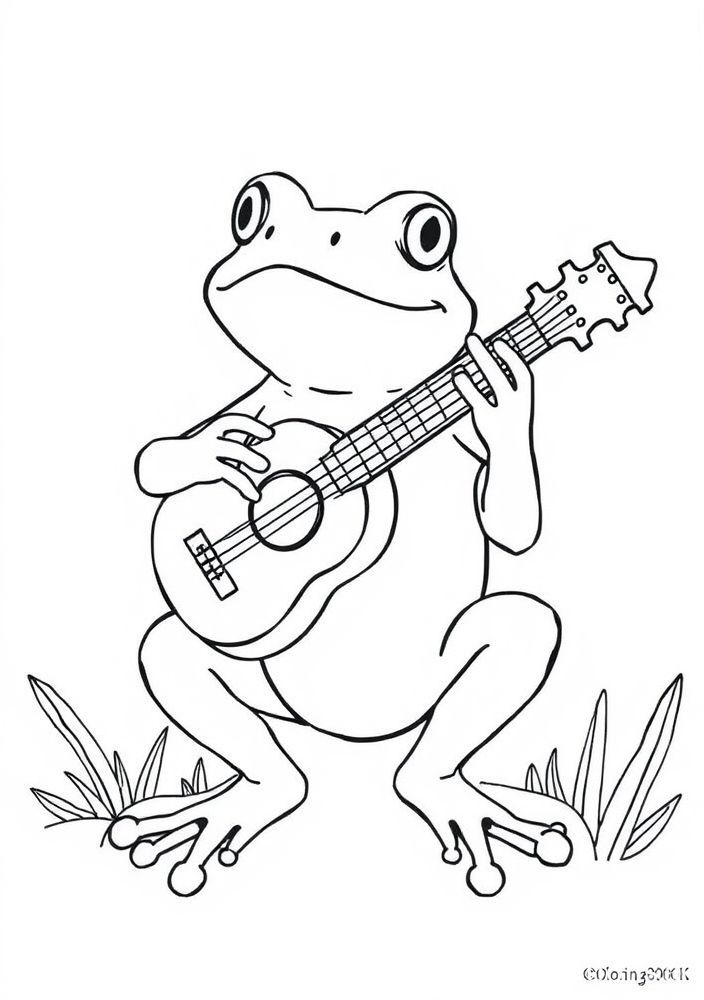 Desenho de Sapo Músico com Instrumento para Colorir