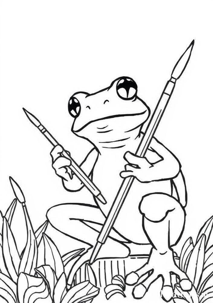 Desenho de Sapo Pintor com Pincéis para Colorir