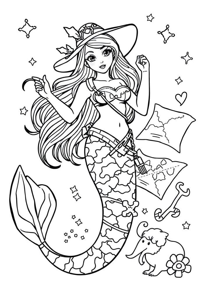Desenho de Sereia Aventureira com Mapas para colorir