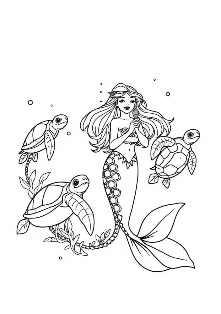 Desenho de Sereia Cantora com Tartarugas para colorir