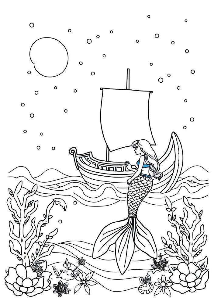 Desenho de Sereia ao Lado de uma Balsa para colorir