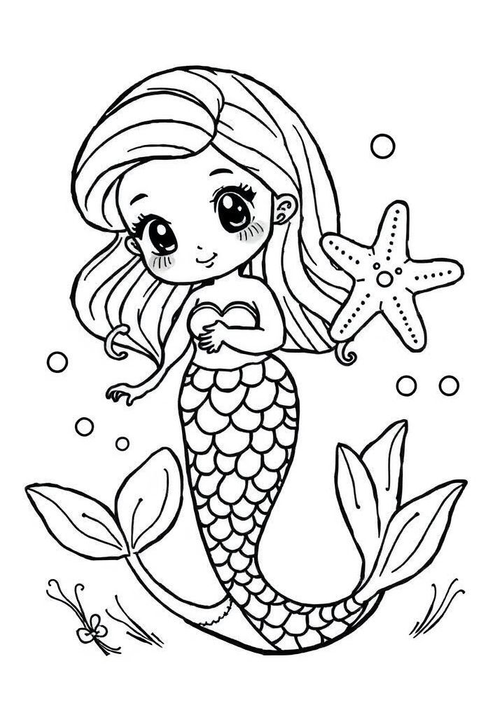 Desenho de Sereia com Escamas e Estrelas do Mar para colorir