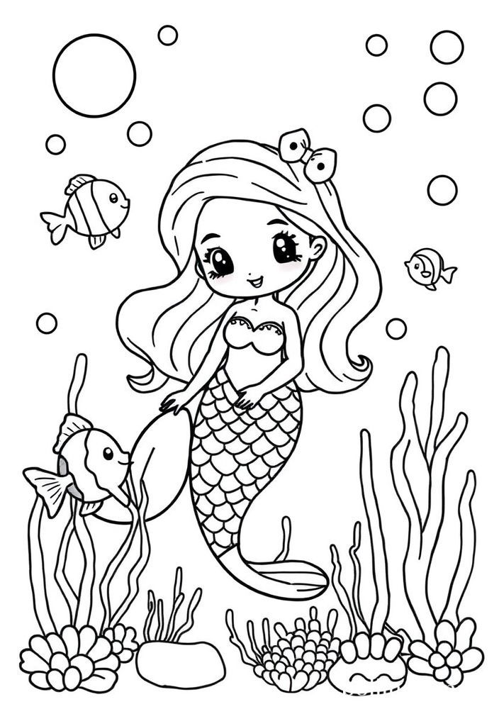 Desenho de Sereia com Peixes para colorir