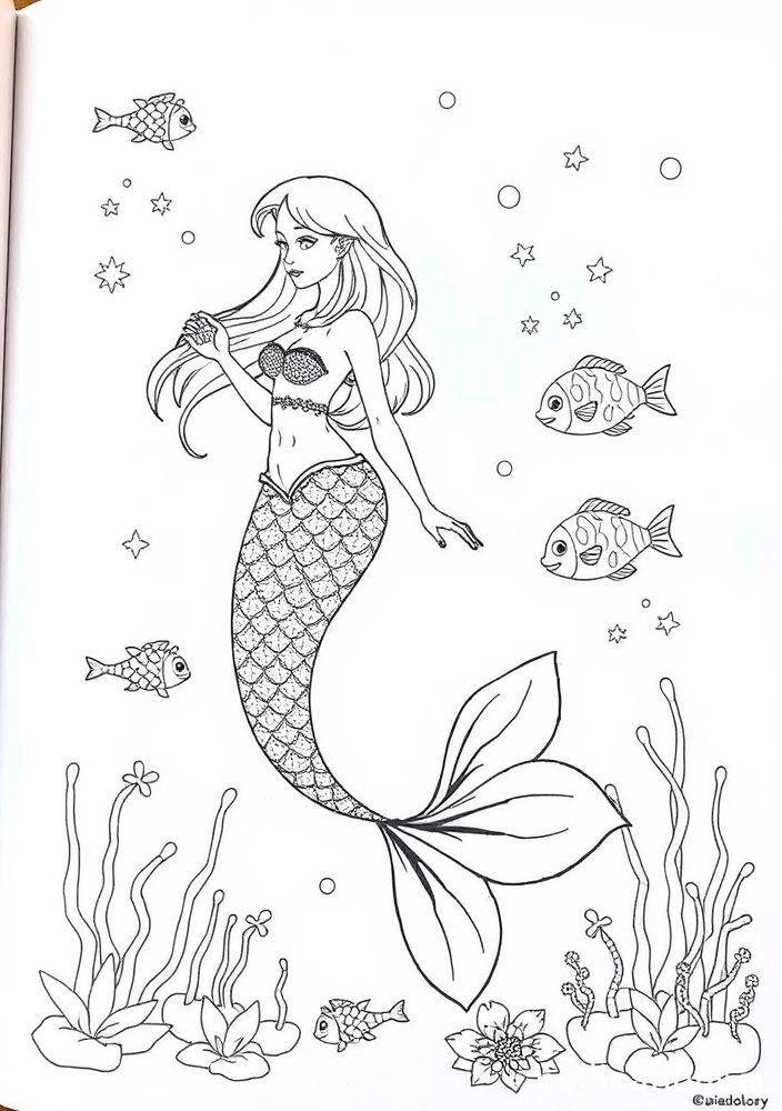 Desenho de Sereia com Peixes para colorir
