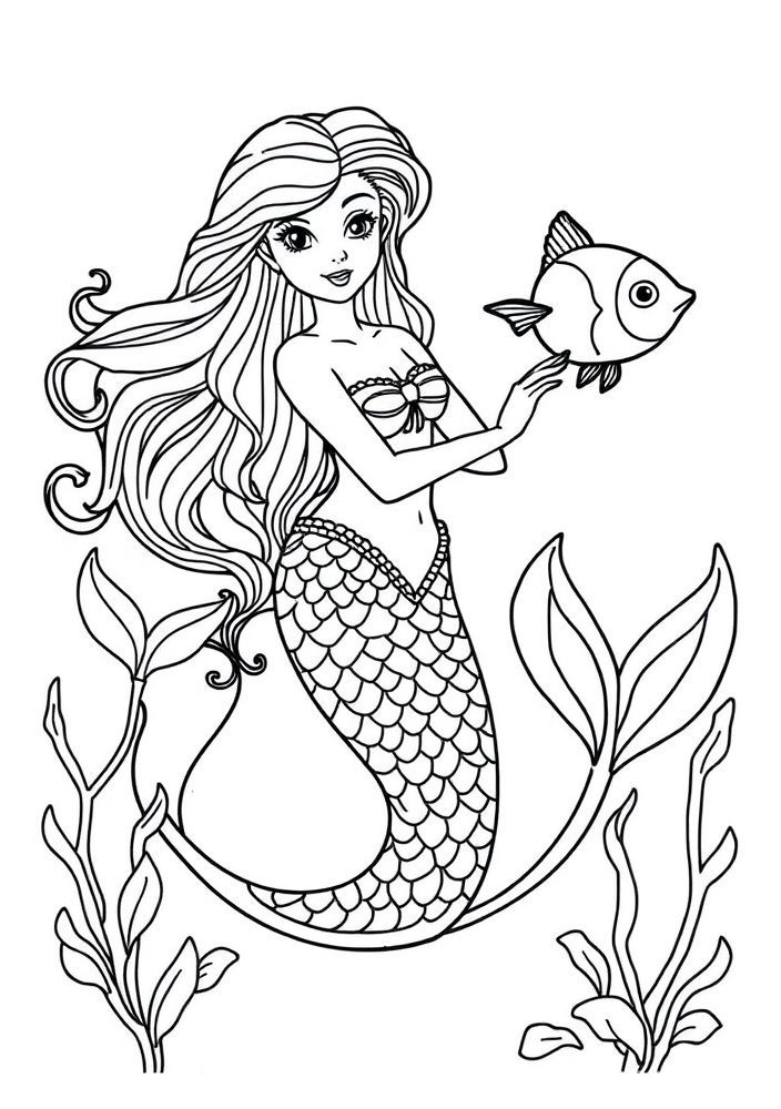 Desenho de Sereia com Peixes para colorir