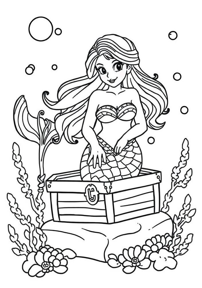 Desenho de Sereia com Tesouros do Mar para colorir
