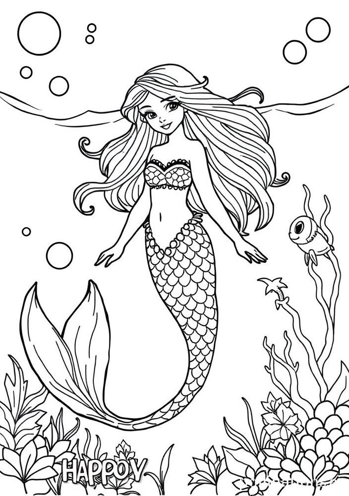 Desenho de Sereia com um arco-íris subaquático para colorir