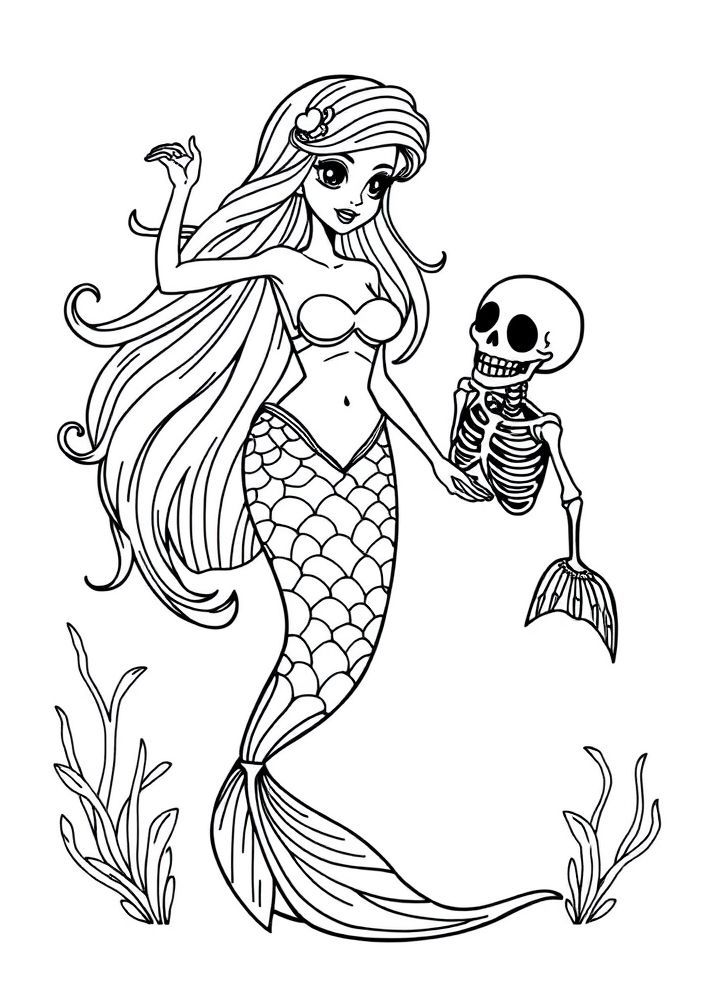 Desenho de Sereia e Esqueleto de Sereia para colorir