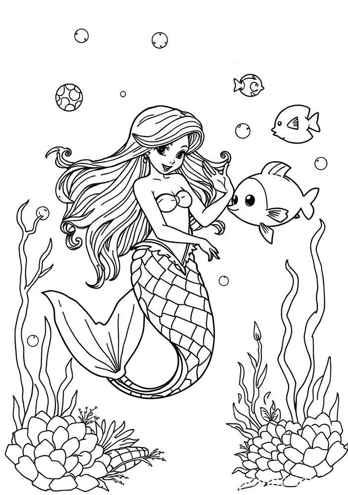 Desenho de Sereia e Peixes Dourados para colorir