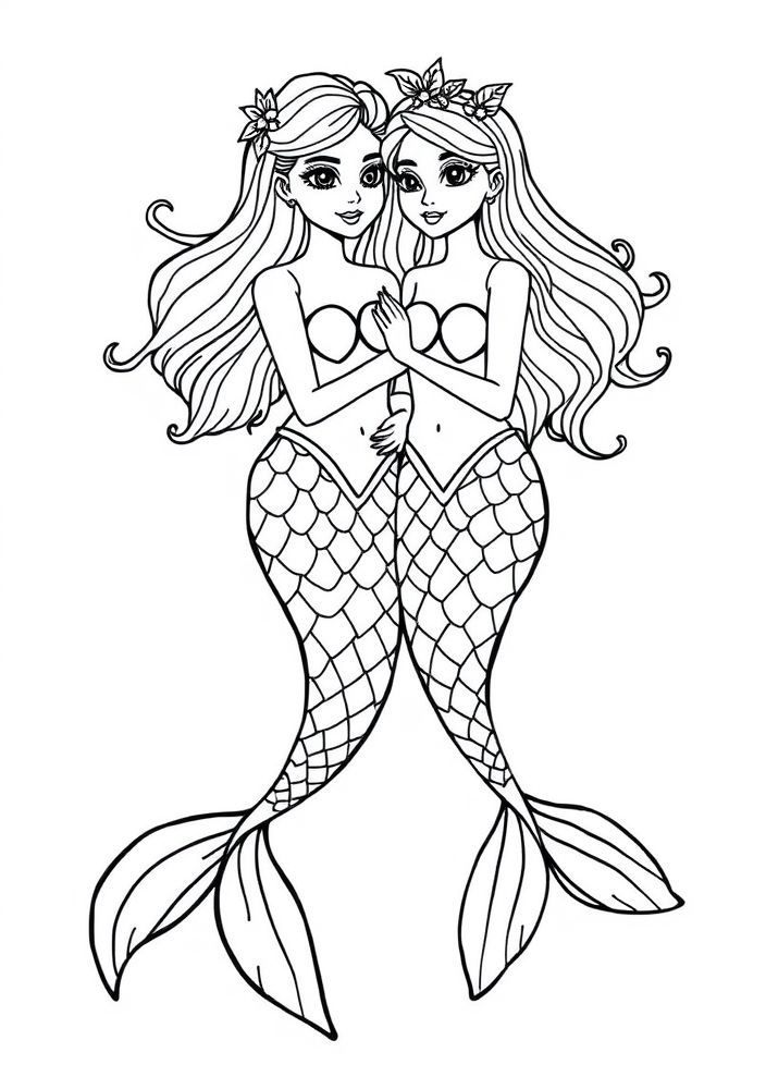 Desenho de Sereia e as Duas Amigas para colorir