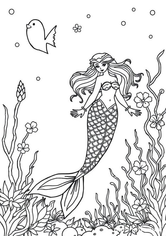 Desenho de Sereia em Jardim Submarino para colorir