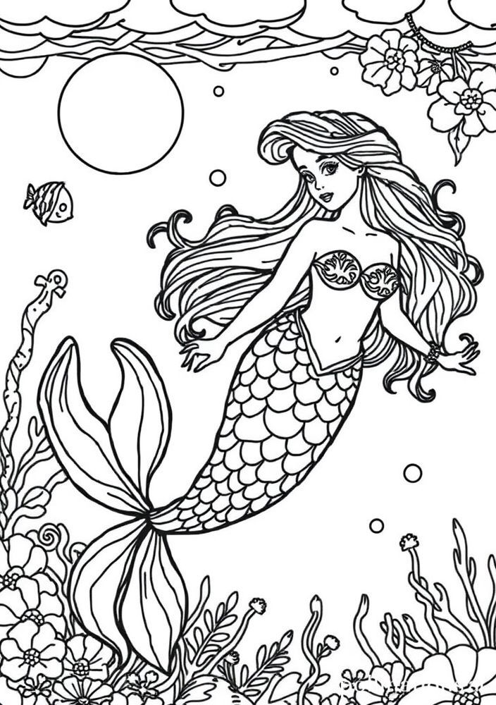 Desenho de Sereia em Uma Cena Submarina para colorir