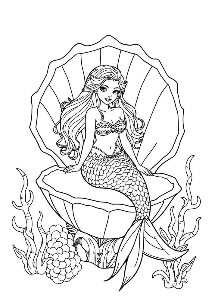 Desenho de Sereia em uma Concha Gigante para colorir