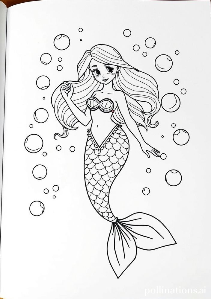 Desenho de Sereia entre Bolhas de Ar para colorir