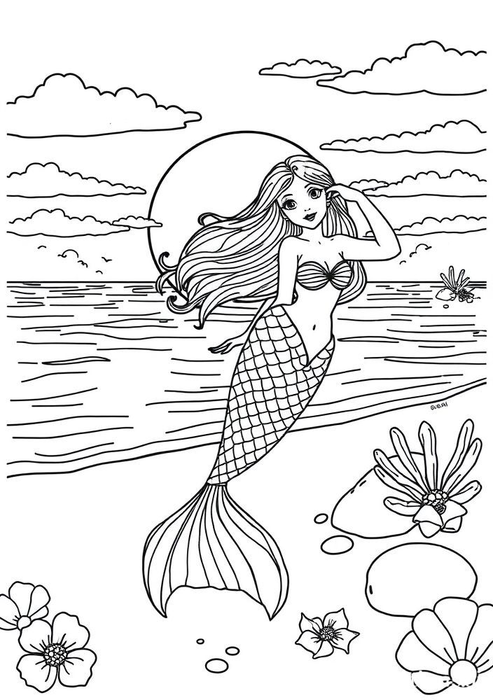 Desenho de Sereia na praia ao pôr do sol para colorir