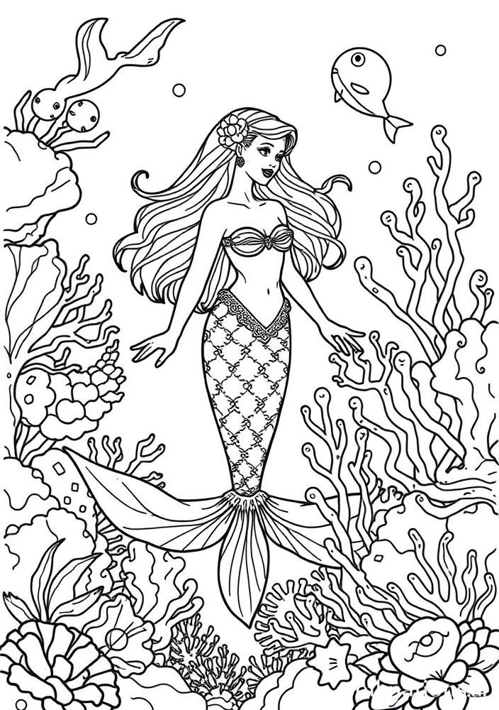 Desenho de Sereia nadando entre corais para colorir