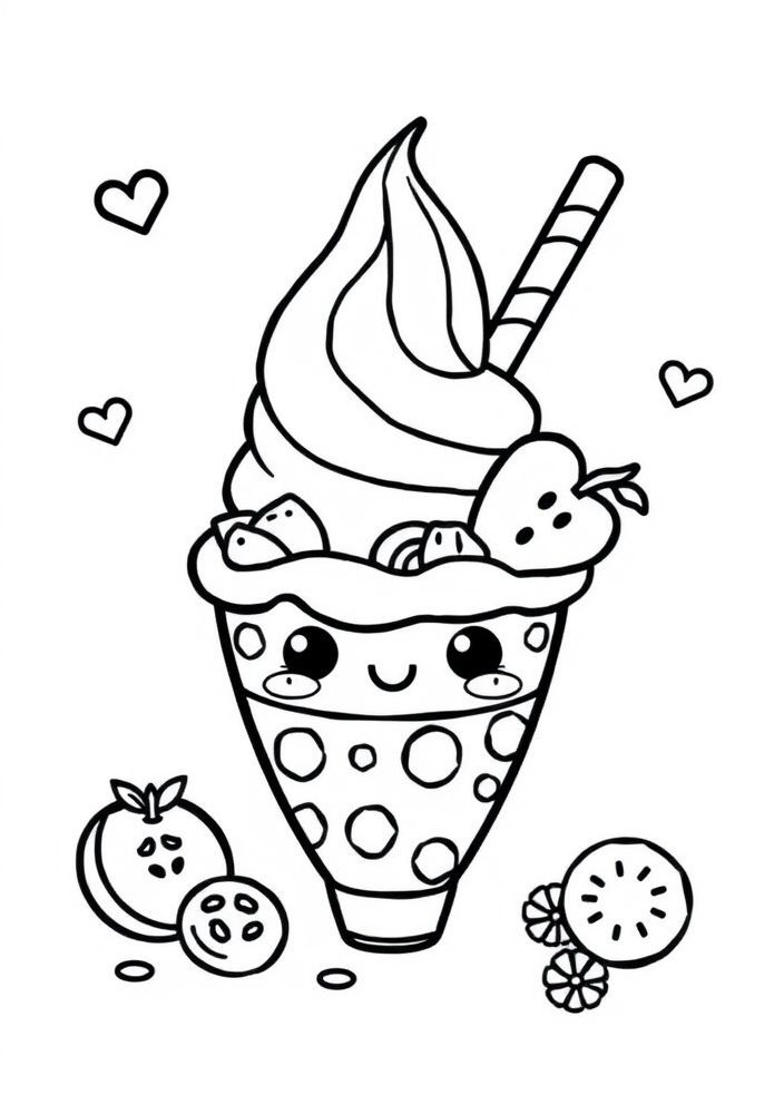 Desenho de Sorvete Kawaii com Frutinhas para colorir