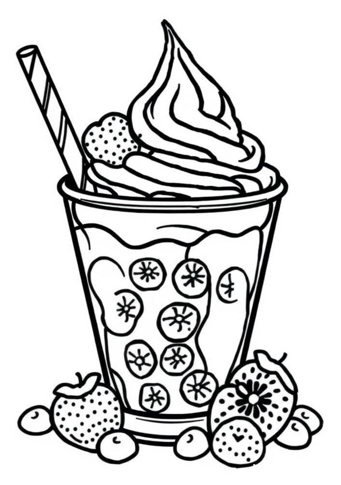 Desenho de Sorvete com Canudos e Frutas para colorir