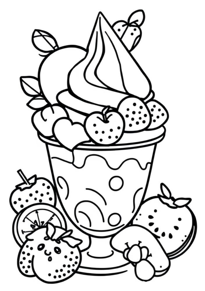 Desenho de Sorvete com Frutas Frescas para colorir