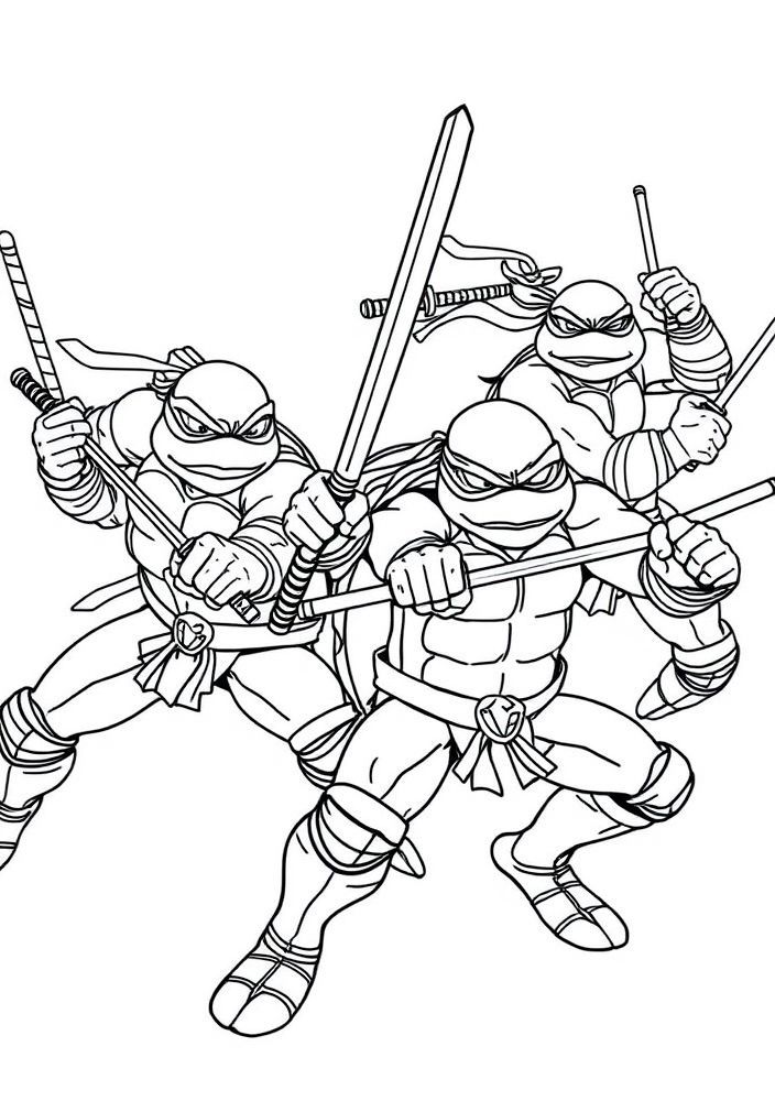 Desenho de Tartarugas Ninjas com armas e postura de combate para colorir