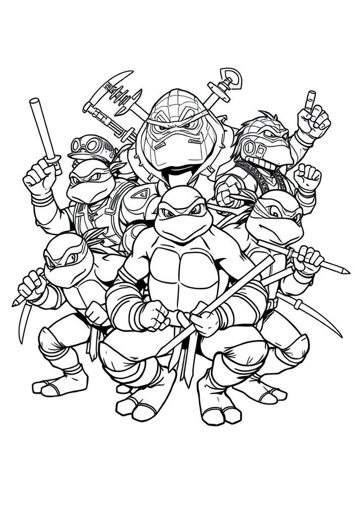 Desenho de Tartarugas Ninjas com seus vilões para colorir