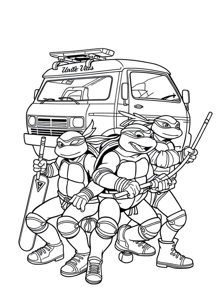 Desenho de Tartarugas Ninjas e seus veículos para colorir