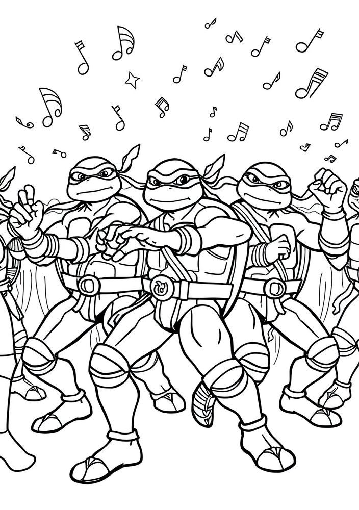 Desenho de Tartarugas Ninjas em um concurso de dança para colorir