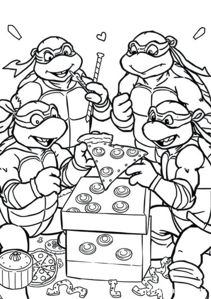 Desenho de Tartarugas Ninjas em um concurso de pizza para colorir