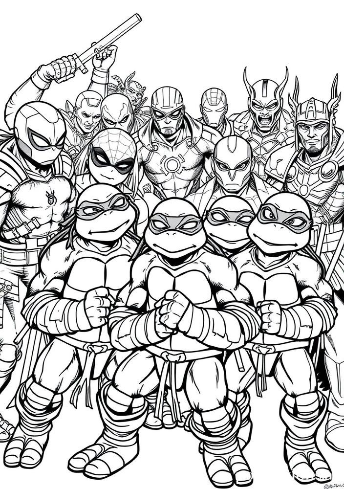 Desenho de Tartarugas Ninjas em um encontro com os heróis do universo Marvel para colorir