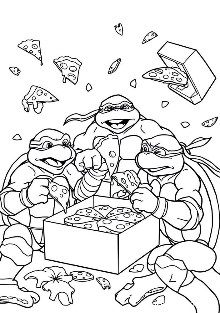 Desenho de Tartarugas Ninjas em um evento de pizza para colorir