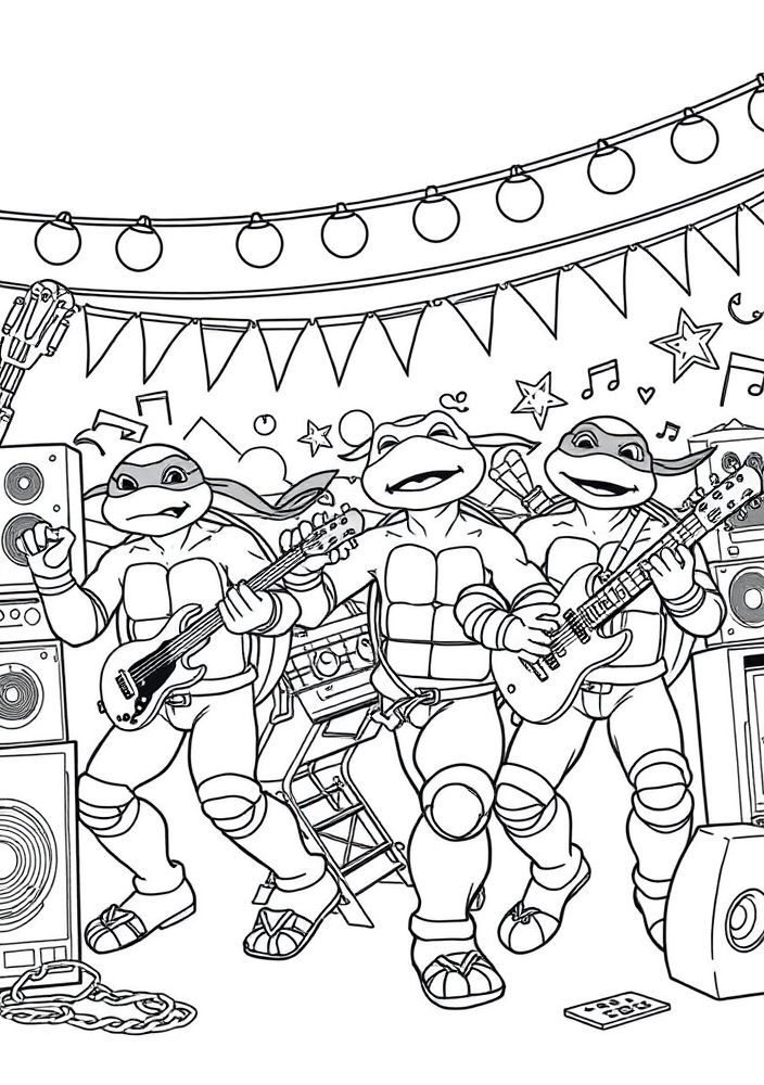 Desenho de Tartarugas Ninjas em um festival de música para colorir