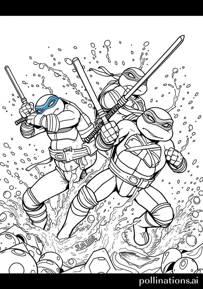Desenho de Tartarugas Ninjas em uma batalha de água para colorir