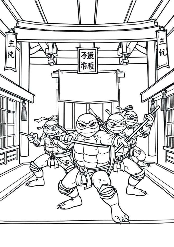 Desenho de Tartarugas Ninjas no dojo para colorir