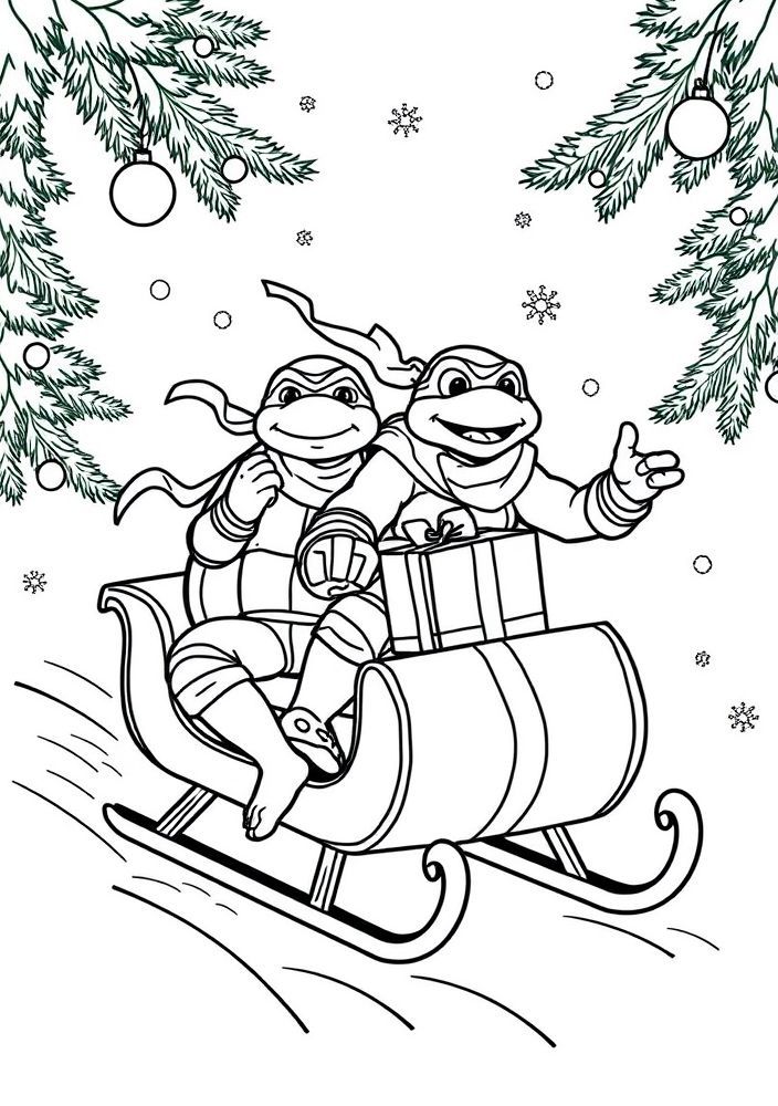 Desenho de Tartarugas Ninjas no trenó de Natal para colorir