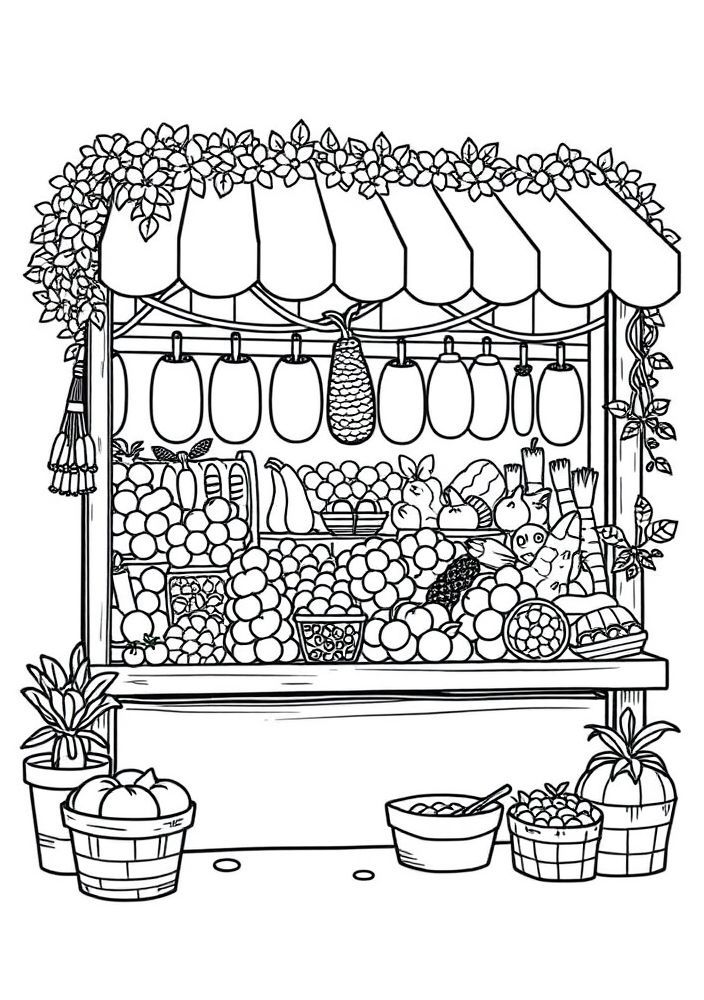 Desenho de Tenda de Feira com Produtos da Fazenda para Colorir