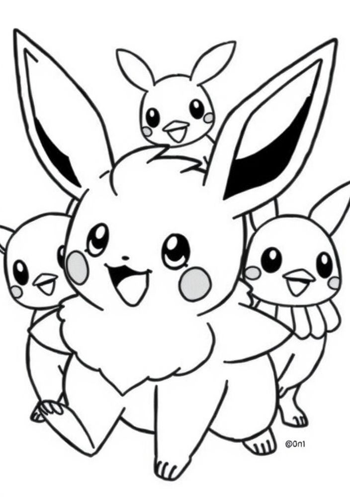 Desenho de Togepi alegre com amigos para colorir