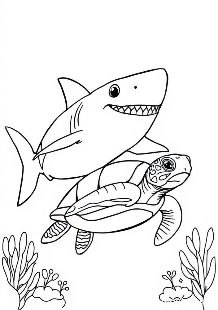 Desenho de Tubarão e Tartaruga para Colorir